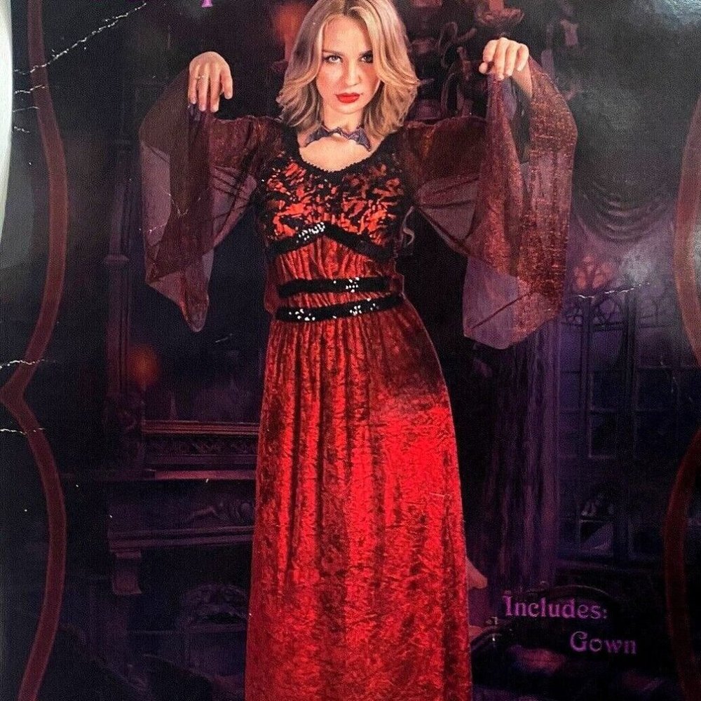Woman's M 'Vampire Witch Halloween Costume Dress Medieval Red Sparkly Velour